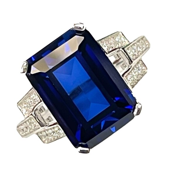 Unbranded Jewelry - Genuine Emerald Cut Lab-Created Sapphire Set in Ring 925 Sterling Silver